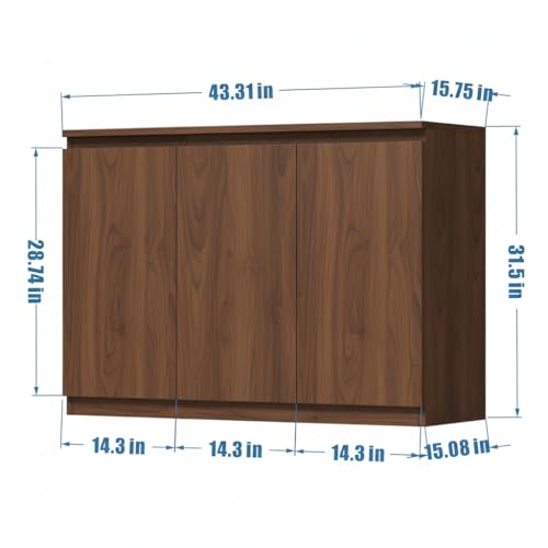 holzart 43" Walnut Brown Buffet Cabinet Sideboard with Storage - Modern 3-Door Wood Grain Kitchen Cupboard & Coffee Bar Station for Dining Room, Living Room - Adjustable Shelf, 43.3" W x 31.5" H - color: Brown