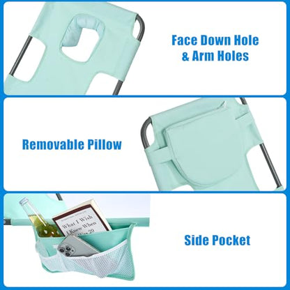 SunnyFeel Lounge Beach Chair for Adults with Face Hole, Backpack Reclining Beach Chairs Lay Flat, Sun Face Down Tanning Chair, Portable Folding Camping Cot for Outside Pool, Sunbathing, Reading - color: Teal-2set