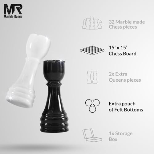 Marble Chess Set 15" Inches Black and White with Storage Box and 2 Extra Queen Handmade Luxury Board Games for Adults, Ideal Marble Chess Board Game Set & Chess Pieces - color: Black & White