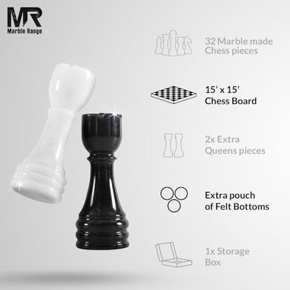 Marble Chess Set 15" Inches Black and White with Storage Box and 2 Extra Queen Handmade Luxury Board Games for Adults, Ideal Marble Chess Board Game Set & Chess Pieces - color: Black & White