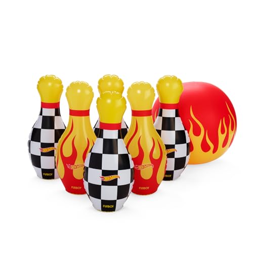 Hot Wheels & FUNBOY Inflatable Checkered Flame Kids Backyard Bowling Set with Large Ball and Six Bowling Pins