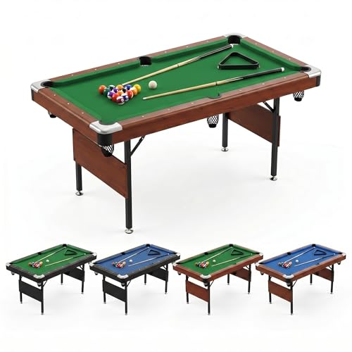 63.8 Inch Foldable Pool Table, No Assembly, Steel Folding Legs, 4-Point Leveling Feet, Complete Set — 16 Balls, Triangle, Chalk, Felt Brush - color: Green Felt+Wood Color Frame