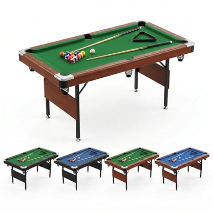 63.8 Inch Foldable Pool Table, No Assembly, Steel Folding Legs, 4-Point Leveling Feet, Complete Set — 16 Balls, Triangle, Chalk, Felt Brush - color: Green Felt+Wood Color Frame