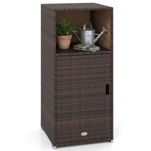 Tangkula Rattan Outdoor Storage Cabinet, Patiojoy PE Wicker Outdoor Cabinet with 3 Storage Shelves, Open Compartment and Door, Patio Storage Deck Box for Porch, Poolside, Backyard - color: Mix Brown, size: 20" x 20" x 43"