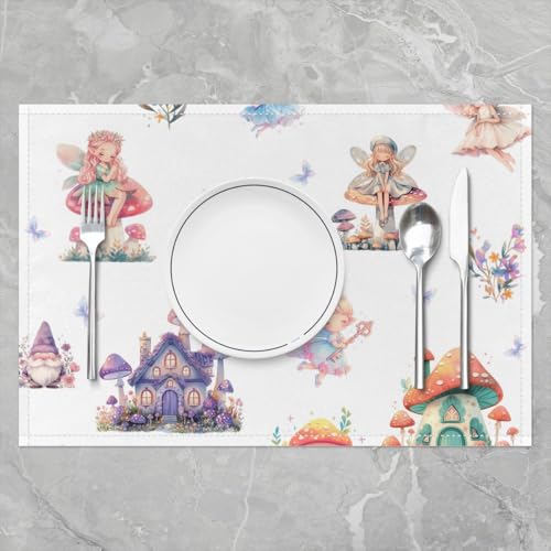 Erosebridal Set of 4 Mushroom Placemats 12X18 Inch,Cartoon Dreamy Fantasy Butterfly Place Mats for Children Kids Gilrs,Romantic Princess Dwarf Floral Fairy Flowers Leaves Waterproof Placemats - color: Cream Purple Pink