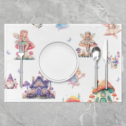 Erosebridal Set of 4 Mushroom Placemats 12X18 Inch,Cartoon Dreamy Fantasy Butterfly Place Mats for Children Kids Gilrs,Romantic Princess Dwarf Floral Fairy Flowers Leaves Waterproof Placemats - color: Cream Purple Pink