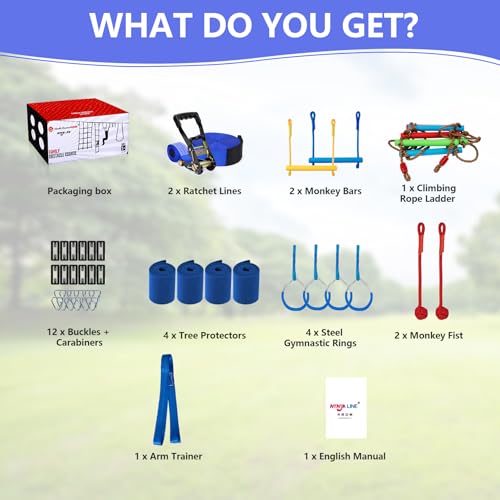 Ninja Warrior Obstacle Course for Kids,2×56ft Slackline Kit with 10 Ninja Accessories - Monkey Bar,Rope Ladder,Gymnastic Ring,Arm Trainer and Monkey Fist+Fast-Setup Buckles,Supports 880 lbs - size: 10 Obstacles