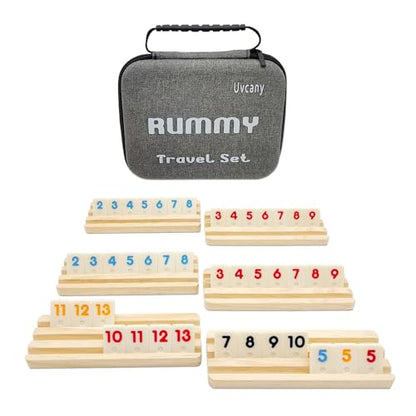 Mini Travel Rummy Cube Set with 6 Wooden Racks, 160 Rummy Cube Game Tiles Rummy Cube 6 Player Edition with Portable Case for Family Classic Board Games - Travel Edition