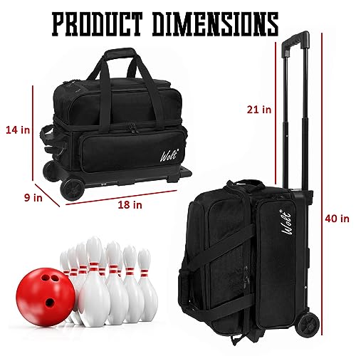 WOLT Double Roller 2 Ball Bowling Bag with Separate Shoe Compartment, Large Capacity Bowling Ball Bag with Accessory Pocket, Retractable Handle Extends to 40" - color: Black