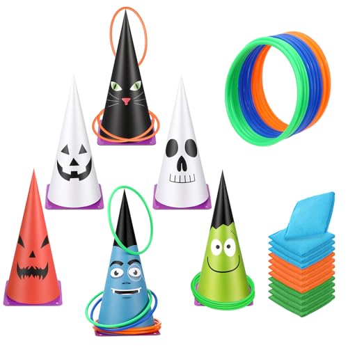 Soulchen 36 Pcs Carnival Games Set 3 in 1 Soft Plastic Cones Cornhole Bean Bags Ring Can Toss Carnival Games Combo for Adults Birthday Party Field Indoor Outdoor Supplies - style: Grimm Pumpkin