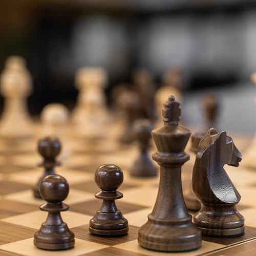 A&A Premium Triple Weighted Staunton Wooden Chess Pieces w/ 2 Extra Queen - King Height 3.75"/9.5cm / 2 Storage Bags - Natural Walnut Wood