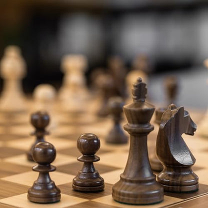 A&A Premium Triple Weighted Staunton Wooden Chess Pieces w/ 2 Extra Queen - King Height 3.75"/9.5cm / 2 Storage Bags - Natural Walnut Wood