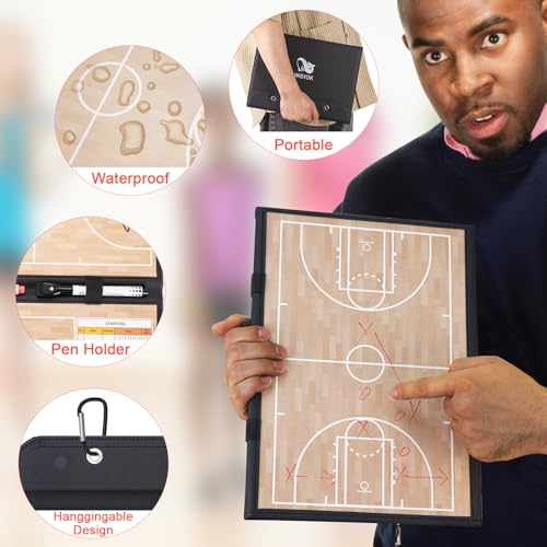 WISYOK Leather Covered Magnetic Basketball Lineup Board, Foldable and Portable Clipboard for Coaches with 48 Cards, 2 Markers, 4 Hooks and 1 Organizer Bag - style: Basketball Leather