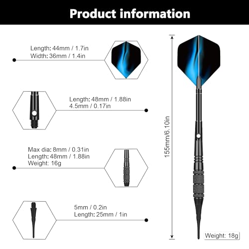 Soft Tip Darts Set 18g, 12 Pack with 100 Tips and 24 Flights | 12 soft tip darts, 18g weight, aluminum shafts, knurled barrels, 100 spare tips, 24 flights, for electronic dartboards