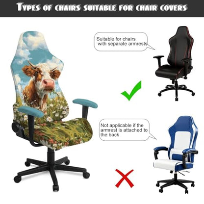 Office Chair Cover with Armrest Covers, Dustproof Gaming Armchair Seat Protector Machine Washable Universal Stretch Slipcover for Home Desk Chair, Cow Daisy Blue Sky Print - color: Cow Daisy Blue Sky Print