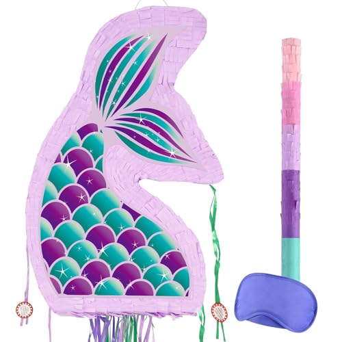 WERNNSAI Foldable Mermaid Piñata - Pull String Mermaid Birthday Party Supplies Mermaid with Blindfold Bat and Tassels Mermaid Party Decoration Games Folding Purple Mermaid Piñatas for Classroom Game - style: Mermaid-Fold