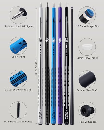 CRICAL Carbon Fiber Pool Cue Stick - 58" Low Deflection Professional Pool Cue with Pro Taper Shaft, 3D Anti-Slip Wrapless Grip, 12.5mm Tip & 3/8x8 Joint Billiard Stick for Enhanced Control & Accuracy - color: CL-PD-Set Blue
