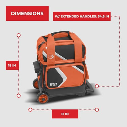 BSI Dash Roller Bowling Bag with Smooth Rolling Wheels, Padded Ball Compartment, Retractable Locking Handle, & Shoe Pocket - color: Black/Orange/White, style: Single