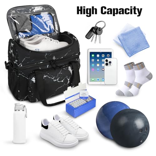 LARIPOP 2 Ball Bowling Bag Double Bowling Ball Carrier with Padded Holder, Shoe Compartment for Men Women Bowling League & Tournament - color: Black marble