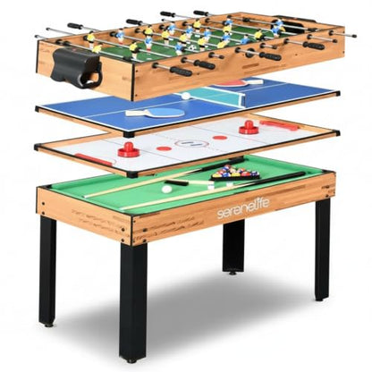 SereneLife Multi Game Table, 48” Sports Arcade Games with Accessories, Ping Pong, Hockey, Pool Billiards, Soccer Foosball All in One, for Indoor and Outdoor, Family, Kids and Adults