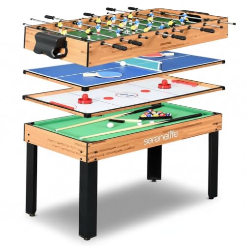SereneLife Multi Game Table, 48” Sports Arcade Games with Accessories, Ping Pong, Hockey, Pool Billiards, Soccer Foosball All in One, for Indoor and Outdoor, Family, Kids and Adults