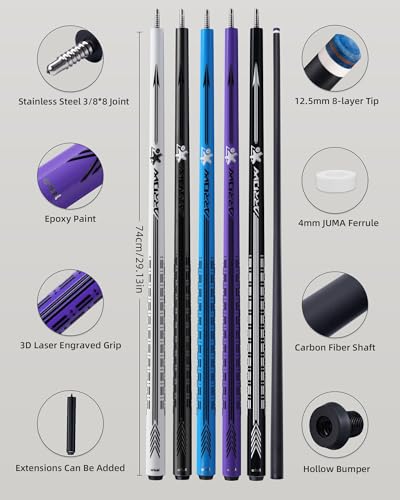 CRICAL Carbon Fiber Pool Cue Stick - 58" Low Deflection Professional Pool Cue with Pro Taper Shaft, 3D Anti-Slip Wrapless Grip, 12.5mm Tip & 3/8x8 Joint Billiard Stick for Enhanced Control & Accuracy - color: CL-PD- Set Purple