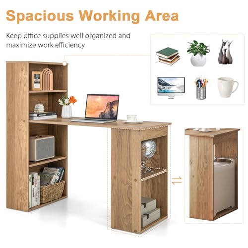 MEDIMALL Bookshelf Cabinet 3 in 1 Functional Table, Compact Workstation with Storage Shelf and CPU Holder Computer Desk Bookcase, Natural