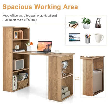 MEDIMALL Bookshelf Cabinet 3 in 1 Functional Table, Compact Workstation with Storage Shelf and CPU Holder Computer Desk Bookcase, Natural