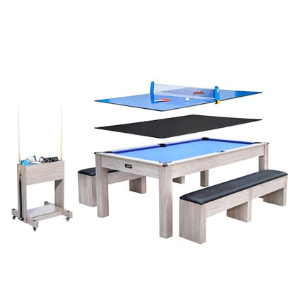 7FT 3-in-1 Convertible Pool Table for Home & Game Rooms – Billiard, Dining, and Table Tennis Combo – Includes Cue Sticks, Balls, Table Tennis Accessories, and Rolling Storage Cart – - color: Blue