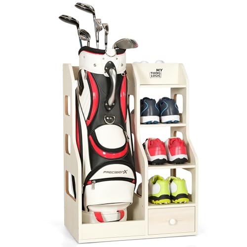 Mythinglogic Wooden Golf Bag Storage Rack, Golf Organizer with Shoe Shelves, Ball Holder & Drawer, MDF Golf Equipment Storage Cabinet for Home, Garage or Simulator Room - size: 1 golf bag rack-White