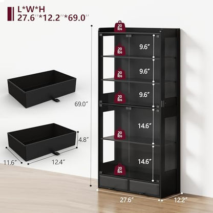 ROCHECASA Glass Display Cabinet 69''H with LED Lights, 5-Tier Showcase with Drawers, Collectible Figure Display Case, Freestanding Curio Cabinet, Tall Storage Shelves, Black, 27.6''W