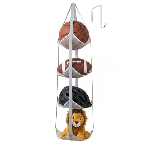4-Tier Over the Door & Wall Mountable Sports Ball Organizer - Hanging Mesh Rack for Basketball, Helmets, Sneakers & Toys - 12" Extra Wide Pocket Storage for Garage, Nursery & Kids Room, Grey
