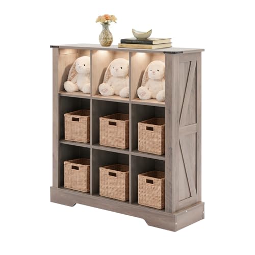 9 Cube Storage Organizer with LED Lights, Wooden Cube Bookcase with Back Panel, Grey Cube Shelf Freestanding Bookshelf, Hallway TV Stand for Living Room, Bedroom, Office - color: Grey, size: 9-cube