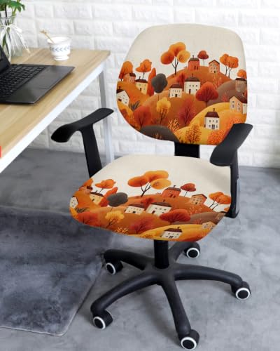 Savannan Office Chair Cover, Autumn Orange Tree Mountain Farm House Protective Stretch Elastic Universal Cover for Desk Task Chair,Computer Rotating Chair 1 Pcs Retro Linen