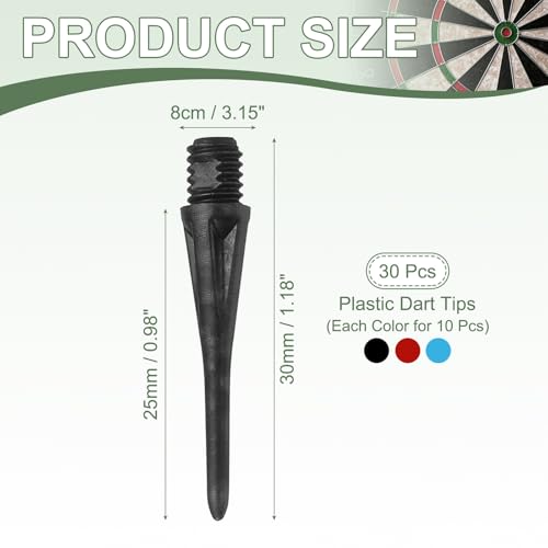 Plastic Dart Tips, 2BA Thread Soft Tip Dart Accessories 30 Pack & Black/Red/Blue