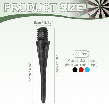 Plastic Dart Tips, 2BA Thread Soft Tip Dart Accessories 30 Pack & Black/Red/Blue