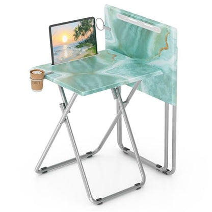 TV Trays Table Set of 2 Portable Folding TV Tray Table TV Dinner Tray with Sturdy MDF, Small Folding Tables with Phone & Tablet Slot, No Assembly Required, 15 x 18.9 x 25.6 in (Sea Blue Marble, 2Pcs) - color: Sea Blue, size: 2PCS