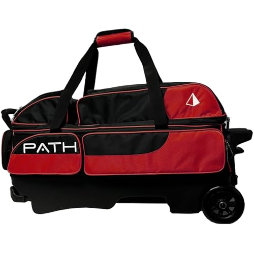 Pyramid Path Triple Premium Deluxe Roller Bowling Bag With Extra Large Separate Shoe Compartment (Up To US Mens Size 16) and 5 Accessory Pockets, 5" Wheels, Retractable Locking Handle - Extends to 42" - color: Black/Red