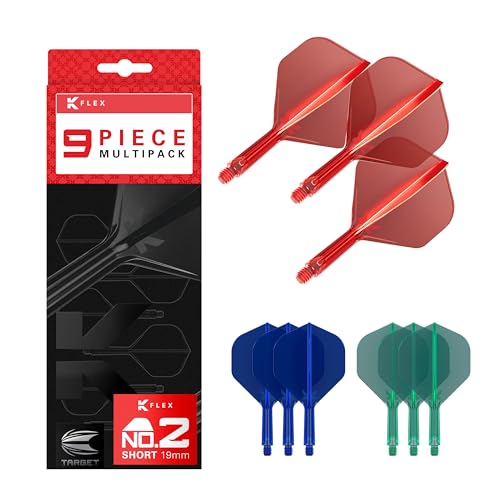 Target Darts K-Flex Integrated Dart Flights and Shafts, Kflex 9 Pack Bundle, Multipack - K Flex 3 Colours | Black, White, Clear, Red, Green, Blue, Pink, Orange, Yellow | Short, Intermediate, Medium - color: Red, Blue & Green, size: Short Stem (19mm)