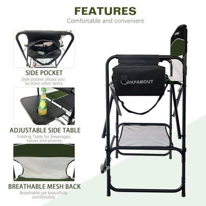 Tall Folding Director Chair 30.7" Seat Height Foldable Bar Stool for Makeup Artist Face Painting with Side Table Carry Bag and Cosmetic Bag Supports 250LBS - color: Olive