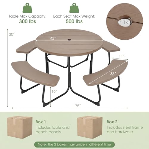 Tangkula 8 Person Picnic Table, Outdoor Round Picnic Table with 4 Built-in Benches, Umbrella Hole, Metal Frame & HDPE Tabletop, Outside Table and Bench Set for Backyard, 2300lbs Weight Capacity - color: Coffee