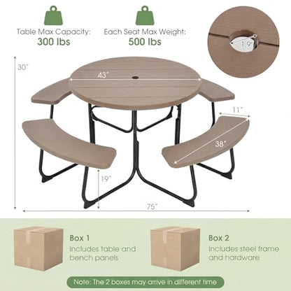 Tangkula 8 Person Picnic Table, Outdoor Round Picnic Table with 4 Built-in Benches, Umbrella Hole, Metal Frame & HDPE Tabletop, Outside Table and Bench Set for Backyard, 2300lbs Weight Capacity - color: Coffee