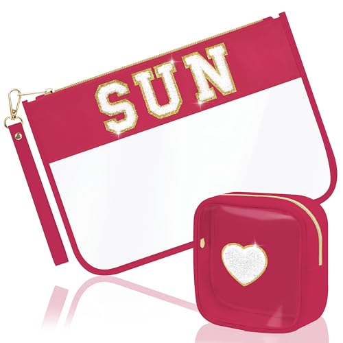 BuyCard Preppy Patch Sun Cosmetic Bag Summer Sunscreen Toiletry Bag Portable PVC & Nylon Waterproof Makeup Bag Daily Use Storage Purse Travel Swimming Beach Bag for Women Girls - color: Pink