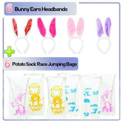 6 Potato Sack Race Jumping Bags with Bunny Ears Headbands，Easter Sack Race for Adults Easter Eggs Hunt Party Supplies Outdoor Family Games