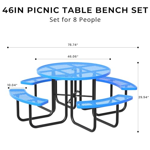 All-Weather Round Outdoor Picnic Table, Commercial Picnic Table Bench Set with Umbrella Hole, Thermoplastic Coated Metal Dining Tables for School, Stores, Park, Patio, Yard, Blue - color: Light Blue
