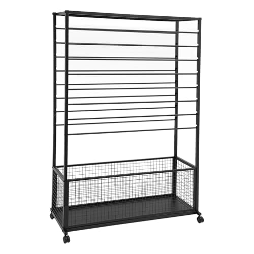 JenyunTech 16 Tier Ribbon Storage Organizer, Double-Sided Ribbon Holder Stand, Multifunctional Metal Display Shelf with Wheels and Storage Basket for Towels, Scarves, Shawls, Ties - color: 16-Tier, 40in, Black