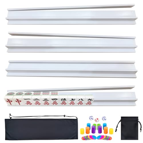 4 PCS Mahjong Racks with Pushers, White Wooden Mahjong Racks with Detachable Magnetic Pushers, Mahjong Tile Pushers and Racks, Includes Chips, Dice & Storage Bags, Mahjong Accessories (19.68 Inch) - color: White