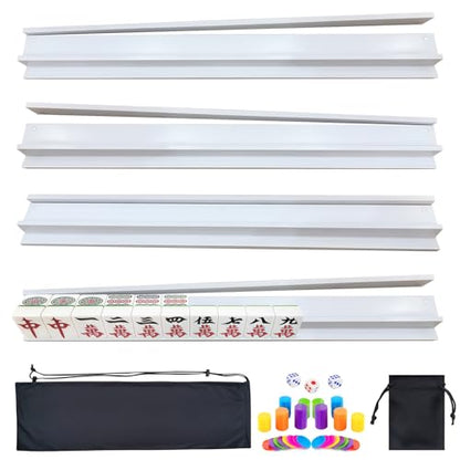 4 PCS Mahjong Racks with Pushers, White Wooden Mahjong Racks with Detachable Magnetic Pushers, Mahjong Tile Pushers and Racks, Includes Chips, Dice & Storage Bags, Mahjong Accessories (19.68 Inch) - color: White