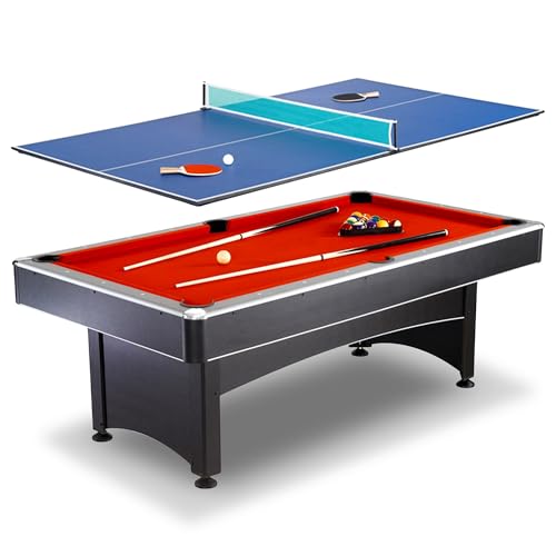 Hathaway Maverick 7 Foot Pool Table with Table Tennis Top – with Accessories for Both Games – Space-Saving Ping Pong and Pool Table Combo for Families – Matte Black Finish