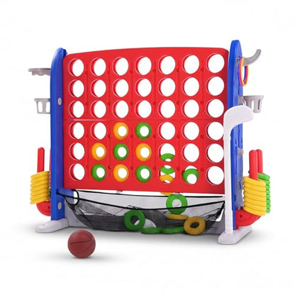 Jumbo 4 in a Row Game, Height Adjustable(2.7-3.2 ft) Outdoor Connect 4 w/Quick Release, Giant Connect Four with Basketball Hoop, Ring Toss & Net, Backyard Party Game for Adults Kids